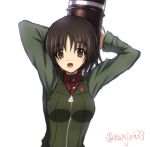  1girl alina_(girls_und_panzer) arms_up bangs black_vest brown_eyes brown_hair commentary eyebrows_visible_through_hair girls_und_panzer green_jacket holding insignia jacket long_sleeves looking_at_viewer military military_uniform nanjou_satoshi object_behind_back open_mouth pravda_military_uniform red_shirt shirt short_hair simple_background smile solo tank_shell turtleneck twitter_username uniform vest white_background zipper_pull_tab 