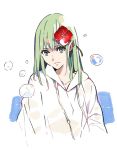  1other androgynous bangs blue_eyes bubble enkidu_(fate/strange_fake) fate/strange_fake fate_(series) flower green_hair hair_flower hair_ornament hibiscus hood hoodie jacket light_smile long_hair long_sleeves looking_at_viewer morii_shizuki red_flower smile solo upper_body very_long_hair white_jacket 