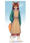  2020 anthro canid canine clothed clothing color_fox fox front_view fully_clothed fur hair hand_in_pocket legwear looking_at_viewer mammal open_mouth orange_body orange_fur orange_tail pockets shadow socks solo speech_bubble standing two_tone_tail 