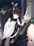  1girl absurdres bangs black_hair black_jacket black_skirt blunt_bangs blurry_foreground bug butterfly butterfly_hair_ornament cape closed_mouth cup6542 eyebrows_visible_through_hair green_butterfly hair_ornament head_tilt highres holding holding_sword holding_weapon insect jacket katana kimetsu_no_yaiba long_hair long_sleeves miniskirt pleated_skirt purple_eyes red_ribbon ribbon sheath sheathed shiny shiny_hair side_ponytail sitting skirt smile solo sword tsuyuri_kanao weapon white_cape 