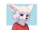  anthro black_nose blep canid canine clothed clothing color_fox fur inner_ear_fluff looking_at_viewer mammal red_clothing red_eyes red_topwear solo tongue tongue_out topwear tuft white_body white_ears white_fur yobi yobi:_the_five_tailed_fox 