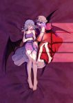  2girls artist_request bare_arms bare_legs bare_shoulders barefoot bat_wings bed_sheet breasts cleavage closed_eyes collarbone commentary_request dress gradient gradient_dress hat hat_ribbon highres izayoi_sakuya long_sleeves lying mob_cap multiple_girls on_back pink_dress pink_headwear purple_dress red_dress red_ribbon remilia_scarlet ribbon shadow short_hair silver_hair small_breasts spaghetti_strap third-party_source touhou wings 