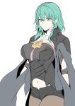  1girl absurdres armor bangs black_armor black_cape black_shorts breasts byleth_(fire_emblem) byleth_(fire_emblem)_(female) cape closed_mouth fire_emblem fire_emblem:_three_houses green_eyes green_hair hair_between_eyes harukon_(halcon) highres large_breasts long_hair looking_at_viewer medallion navel pantyhose pauldrons plackart short_shorts short_sleeves shorts simple_background smile solo tassel thighs white_background 