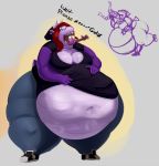  belly big_belly big_breasts breasts clothing english_text female female_pred kobold laura_(rovdyr) metalforever multiple_prey navel oral_vore overweight scalie swallowing text thick_thighs tight_clothing vore wide_hips 