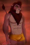  anthro brown_body brown_fur bulge clothing disney felid fur kovu lion male mammal muscular muscular_male pantherine red-box smile smirk solo speedo swimwear the_lion_king 