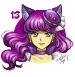  1girl 2019 animal_ears bangs cat_ears character_request choker collarbone dated earrings elena_ivlyushkina eyebrows_visible_through_hair floating_hair grin hair_ornament jewelry long_hair looking_at_viewer number portrait purple_eyes purple_hair shiny shiny_hair signature simple_background smile solo white_background 