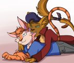  anthro capper_(mlp) clothing digimaru duo felid feline fur licking male male/male mammal my_little_pony my_little_pony_the_movie orange_body orange_fur personal_grooming smile tongue tongue_out 