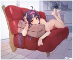  1girl ahoge artist_name ass asuna_(sao-alo) bangs commentary couch eyebrows_visible_through_hair frown hairband highres indoors lavie lying navel nude on_couch on_stomach photo_(object) pillow pink_hairband purple_hair red_eyes solo sword_art_online yuuki_(sao) 