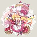  1girl alternate_costume alternate_headwear apron ascot bangs blonde_hair blush buttons chibi collar cotton_candy cupcake doily dress fang flandre_scarlet food food_themed_hair_ornament fork fruit full_body grey_background hair_ornament hat heart heart_in_eye highres holding holding_fork holding_weapon ice_cream lace_background laevatein leg_up looking_at_viewer muffin nikorashi-ka one_eye_closed one_side_up open_collar open_mouth outstretched_leg puffy_short_sleeves puffy_sleeves red_dress red_eyes red_footwear shirt short_hair_with_long_locks short_sleeves simple_background skin_fang solo standing standing_on_one_leg strawberry strawberry_hair_ornament symbol_in_eye top_hat touhou waist_apron weapon white_headwear white_shirt wings wrist_cuffs yellow_neckwear 
