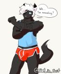  black_body black_fur blush bulge canid canine canis clothing domestic_dog don_(soot_in_suit) fur gym_shorts hair horn invalid_tag male mammal muscular muscular_male solo soot_in_suit speech_bubble standing stretching 