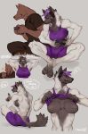  angry anthro bebebebebe breasts brown_body brown_fur canid canine clothed clothing clothing_lift controller duo female fur gaming hair hi_res holding_object kemono mammal nipples purple_eyes purple_hair shirt shirt_lift signature simple_background teeth text topwear 