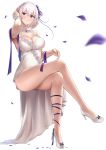  1girl absurdres arm_up armpits ass azur_lane bare_shoulders blurry breasts cleavage crossed_legs depth_of_field dress flower full_body hair_ornament high_heels highres invisible_chair large_breasts looking_at_viewer numaguro_(tomokun0808) petals purple_ribbon red_eyes ribbon rose short_hair simple_background sirius_(azur_lane) sitting sleeveless sleeveless_dress solo thighs white_background white_dress white_footwear white_hair 