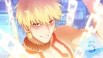  1boy blonde_hair chain close-up countdown danemaru earrings enkidu_(weapon) face fate/grand_order fate/hollow_ataraxia fate_(series) gilgamesh grin jewelry male_focus necklace red_eyes shirtless smile solo tattoo 