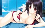  black_hair bra breasts clouds cropped ensemble_(company) long_hair panties red_eyes sky tagme_(artist) underwear undressing water 