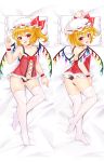  1girl absurdres ass babydoll bare_shoulders black_panties blonde_hair breasts bushi_(1622035441) collar collarbone dakimakura fang flandre_scarlet full_body hat hat_ribbon highres looking_at_viewer medium_hair mob_cap multiple_views navel panties pillow red_eyes red_ribbon ribbon small_breasts smile strap_slip thighhighs thong touhou underwear white_headwear white_legwear wings 