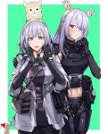  2girls absurdres ak-15_(girls_frontline) armpit_peek bag bangs blush braid breasts buckle cowboy_shot eyebrows_visible_through_hair eyes_visible_through_hair face_mask french_braid girls_frontline green_background hair_over_one_eye hand_on_another&#039;s_shoulder hands_up hat headgear height_difference highres jacket large_breasts llama long_hair looking_at_another looking_to_the_side mask midriff mmm_(ji1945) multiple_girls navel open_mouth parted_bangs pouch purple_eyes rpk-16_(girls_frontline) santa_hat satchel sidelocks silver_hair smile strap tactical_clothes thigh_gap two-tone_background upper_teeth white_background 