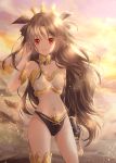  1girl absurdres arm_at_side arm_up armlet asymmetrical_legwear asymmetrical_sleeves backlighting black_bikini_bottom breasts bridal_gauntlets brown_hair commentary contrapposto cowboy_shot elbow_gloves fate/grand_order fate_(series) gloves hand_in_hair highres hoshiibara_mato ishtar_(fate)_(all) ishtar_(fate/grand_order) jewelry light_particles long_hair looking_at_viewer neck_ring open_mouth outdoors red_eyes single_elbow_glove small_breasts solo standing thighhighs tiara twilight very_long_hair white_bikini_top 