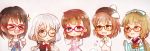  5girls :d :o adjusting_eyewear bangs beret bespectacled black-framed_eyewear black_hair black_headwear blush bow brown_hair chibi commentary_request dress glasses grey_hair hair_bow hair_ribbon hands_together hat hisakawa_nagi holding holding_eyewear idolmaster idolmaster_cinderella_girls japanese_clothes kamijou_haruna kimono kita_hinako long_sleeves multiple_girls obi omisoshiru open_mouth pink_dress pom_pom_(clothes) ponytail red-framed_eyewear red_neckwear ribbon round_eyewear sakuma_mayu sash short_hair smile sparkle striped striped_kimono twintails upper_body v vest yorita_yoshino 