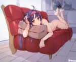  barefoot couch cropped headband konno_yuuki lavie long_hair navel nude orange_eyes purple_hair sword_art_online watermark 