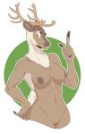  2019 5_fingers anthro antlers biped breasts brown_body brown_eyes brown_fur brown_nose capreoline cervid digital_drawing_(artwork) digital_media_(artwork) eyelashes female fingers fur hand_on_hip horn mammal multicolored_body multicolored_fur muzzle_(marking) navel neck_tuft nipples nude portrait pussy reindeer short_tail simple_background slightlysimian slim small_waist smile solo standing tuft two_tone_body two_tone_fur white_background 