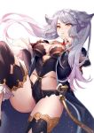  1girl aki663 animal_ears breasts brown_eyes detached_pants erune fraux granblue_fantasy grey_hair highres leotard medium_breasts robe thighs twintails white_background 