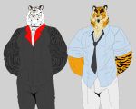  anthro business_suit clothing eyes_closed felid grey_background imprint_pattern lucas_the_tiger male mammal mc_morrales muscular necktie pantherine pockets protunding_fangs roy_the_tiger shirt sibling simple_background suit tiger topwear twins 