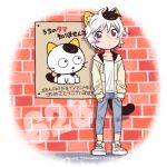  1boy animal_ear_fluff animal_ears artist_name black_tail blush brick_wall cat_boy cat_ears cat_tail jacket lowres male_focus multicolored_hair okamoto_tama poster shirt shoes sneakers solo standing tail tama_&amp;_friends tama_(t&amp;f) two-tone_hair uchi_no_tama_shirimasen_ka? white_shirt yoshizaki_mine 