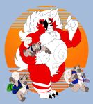  anthro bite blood bodily_fluids bottomless clothed clothing eyes_closed handbag hoodie lycanroc male mc_morrales musclegut muscular nintendo pok&eacute;mon pok&eacute;mon_(species) red_the_lycanroc rockruff running topwear video_games 