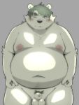  2020 anthro balls belly blush humanoid_hands male mammal menmen_kesinn moobs navel nipples one_eye_closed overweight overweight_male penis simple_background small_penis solo ursid wink 