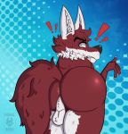  2020 anthro anus balls big_butt blush butt butt_focus canid canine digital_media_(artwork) fingers fur hi_res looking_at_viewer looking_back male mammal neck_tuft nude red_body red_fur simple_background solo teeth thick_thighs tuft voxelcubed white_body white_fur 