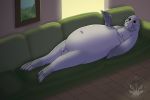  anthro belly big_belly flippers furniture genital_opening gesture hawaiian_monk_seal hālaʻi inside lying male mammal marine marine_mammal monocerus nude obese overweight pinniped seal smile sofa waving whiskers window 