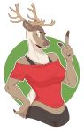  2019 5_fingers anthro antlers biped breasts brown_body brown_eyes brown_fur brown_nose capreoline cervid clothed clothing digital_drawing_(artwork) digital_media_(artwork) eyelashes female fingers fur hand_on_hip horn mammal multicolored_body multicolored_fur muzzle_(marking) neck_tuft portrait reindeer short_tail simple_background slightlysimian slim small_waist smile solo standing tuft two_tone_body two_tone_fur white_background 
