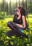  1girl absurdres animal_ears arknights boots breasts brown_hair collarbone commentary_request elbow_gloves forest full_body gloves grass green_eyes hand_up highres medium_breasts meteor_(arknights) midriff nature one_eye_closed open_mouth outdoors pants ponytail shijie_jianfa sitting solo sunlight tank_top thigh_boots thighhighs torn_clothes torn_pants tree 