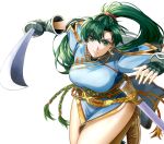  1girl asymmetrical_bangs attacking_viewer bangs black_gloves blue_dress blurry blurry_background boots braid breasts brown_footwear closed_mouth commentary_request delsaber dress eyelashes fingerless_gloves fire_emblem fire_emblem:_the_blazing_blade gloves gold_trim green_eyes green_hair hair_between_eyes hair_ornament high_ponytail highleg holding holding_sword holding_weapon katana knee_boots large_breasts leaning_forward long_hair looking_at_viewer lyn_(fire_emblem) serious sheath shiny shiny_hair simple_background solo sword thighs weapon white_background 
