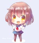  1girl :d bangs blue_background blue_sailor_collar blue_skirt blush brown_eyes brown_footwear brown_hair brown_legwear chibi commentary_request eyebrows_visible_through_hair full_body hair_between_eyes hair_ornament hairclip hand_on_hip hand_up ikazuchi_(kantai_collection) kantai_collection kouu_hiyoyo long_sleeves looking_at_viewer neckerchief open_mouth pantyhose pleated_skirt red_neckwear sailor_collar school_uniform serafuku shirt skirt smile solo standing twitter_username v-shaped_eyebrows white_shirt 