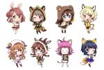  &gt;_&lt; 6+girls :3 :d ahoge animal_ears asaka_karin bangs bear_ears bear_tail black_hair blonde_hair blue_eyes blue_hair blue_skirt bow bowtie braid brown_hair bunny_ears bunny_tail cat_ears chibi emma_verde fake_animal_ears fox_ears fox_tail goat_hood goat_horns green_neckwear grey_hair grin hand_on_hip hands_up hood hood_up horns izumi_kirifu jacket konoe_kanata leaf leaf_on_head long_hair looking_at_viewer love_live! love_live!_school_idol_festival_all_stars mask midriff miyashita_ai multiple_girls nakasu_kasumi neck_ribbon one_eye_closed open_mouth orange_eyes orange_hair ousaka_shizuku pajamas pink_hair purple_eyes raccoon_ears raccoon_tail red_eyes ribbon rubbing_eyes sheep_hood sheep_horns short_hair short_shorts shorts side_bun simple_background skirt sleepy smile standing standing_on_one_leg tail tennouji_rina twin_braids uehara_ayumu v-shaped_eyebrows whip white_background yellow_eyes 