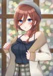  1girl absurdres alternate_hairstyle bangs beige_jacket beret blue_bow blue_camisole blue_eyes blurry blurry_background blush bow braid breasts brown_hair camisole cleavage collarbone commentary_request cowboy_shot eyebrows_visible_through_hair go-toubun_no_hanayome green_skirt grey_headwear hair_between_eyes hair_over_shoulder hat highres holding holding_jacket jacket large_breasts light_particles long_hair long_sleeves looking_at_viewer nakano_miku open_clothes open_jacket parted_lips plaid plaid_skirt sidelocks single_braid skirt sleeves_past_wrists snowflakes solo sparkle window winter yukiunag1 