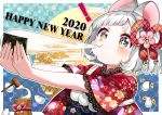  ! +_+ 1girl 2020 absurdres animal animal_ears bangs bell blue_eyes blush brown_eyes checkered checkered_background chinese_zodiac closed_mouth commentary_request diagonal_bangs eating fingernails floral_print food green_nails happy_new_year highres holding holding_food japanese_clothes jingle_bell kimono kine kurihara_sakura mochi mochi_trail mortar mouse mouse_ears multicolored multicolored_eyes multicolored_nails new_year obi original outstretched_arms print_kimono red_kimono red_nails sash short_hair short_sleeves silver_hair solo thick_eyebrows upper_body year_of_the_rat yellow_nails 