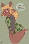  2019 anthro antlers blonde_hair blush bottomless breasts capreoline cervid clothed clothing deltarune dezz dialogue digital_media_(artwork) embarrassed female hair hi_res horn mammal noelle_holiday reindeer simple_background sweater teeth text topwear video_games 