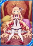  1girl akkijin blonde_hair blue_eyes curtains dress hair_ornament hair_ribbon indoors key long_hair looking_at_viewer multicolored multicolored_ribbon official_art pantyhose pillow red_footwear red_ribbon ribbed_dress ribbon shinkai_no_valkyrie sitting stuffed_animal stuffed_toy teddy_bear very_long_hair white_dress winding_key 