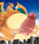  blush bodily_fluids censored charizard city cloud cum cum_on_penis erection genital_fluids humanoid_penis kify macro nintendo overweight penis pok&eacute;mon pok&eacute;mon_(species) solo vein veiny_penis video_games 