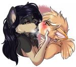  2019 2020 anthro blush breasts breath canid canine canis chest_tuft digital_media_(artwork) domestic_dog duo female fluffy fur gaze hair hi_res inner_ear_fluff jenni_(jennibutt) kissing mammal open_mouth passion pomeranian rika rika_(character) shy simple_background spitz teeth tongue tuft 