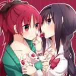  2girls aisawa_natsu akemi_homura between_breasts black_hair blush bow braid breasts cake commentary cream cream_on_body cream_on_face food food_in_mouth food_on_face fork fruit hair_ribbon hairband jersey long_hair mahou_shoujo_madoka_magica mitakihara_school_uniform multiple_girls open_clothes open_shirt purple_eyes red_background red_eyes red_hair ribbon sakura_kyouko school_uniform shortcake simple_background small_breasts strawberry strawberry_shortcake striped striped_background sweat very_long_hair yuri 