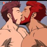  2boys absurdres beard brown_hair chest closed_eyes couple cresxart facial_hair fate/grand_order fate_(series) french_kiss highres kiss male_focus multiple_boys muscle napoleon_bonaparte_(fate/grand_order) open_mouth pectoral_press pectorals red_hair rider_(fate/zero) shirtless simple_background tongue 