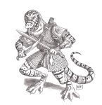  0laffson 2020 4_fingers 4_toes anthro armor bandit_(disambiguation) clothed clothing digitigrade fantasy fingers invalid_tag lizard male medieval melee_weapon reptile scalie sketch solo sword toes traditional_media_(artwork) weapon 