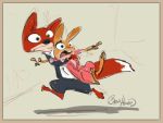 2012 anthro black_nose border brown_body brown_fur buckteeth byron_howard canid canine carrying clothed clothing concept_art disney duo fox fully_clothed fur judy_hopps lagomorph leporid mammal nick_wilde official_art open_mouth rabbit red_fox running simple_background tan_border teeth zootopia 