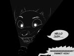  ! ... 2020 a-signature anthro black_and_white black_background canid canine dark dialogue disney english_text fangs flashlight fox fur holding_object inner_ear_fluff light lighting mammal monochrome nick_wilde open_mouth red_fox scary screaming simple_background solo speech_bubble teeth text tuft unseen_character zootopia 