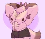  2019 abs anthro armpit_hair biceps big_muscles black_nipples black_nose body_hair bottomwear brown_body brown_fur bulge clothed clothing donovan_(lizard_soup) ear_piercing eyebrows flexing fur happy_trail huge_muscles lizard_soup looking_at_viewer male multicolored_body multicolored_fur muscular muscular_male nipples pecs piercing purple_eyes shorts simple_background solo standing tan_body tan_fur thick_eyebrows topless triceps two_tone_body two_tone_fur 