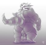  2019 aggron anal anal_vore anthro anus backsack balls butt gradient_background hand_on_head hi_res leash looking_at_viewer looking_back male monochrome musclegut muscular nintendo nude open_mouth perineum pok&eacute;mon pok&eacute;mon_(species) presenting presenting_hindquarters puffy_anus rear_view reptile scalie seductive simple_background smile smolrainbowgoat standing thick_tail thick_thighs tongue video_games vore white_background 