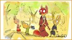  2012 ambiguous_gender anthro border byron_howard canid canine chiropteran clothed clothing concept_art disney fox fully_clothed fur group holding_object judy_hopps lagomorph leporid mammal nick_wilde official_art orange_border outside rabbit red_body red_fox red_fur smile tan_body tan_fur tree young zootopia 